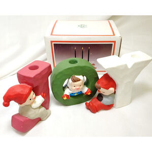 Vintage Christmas Candle Holders J O Y Baby Elf Trio Ceramic CCCC Korea-set of 3